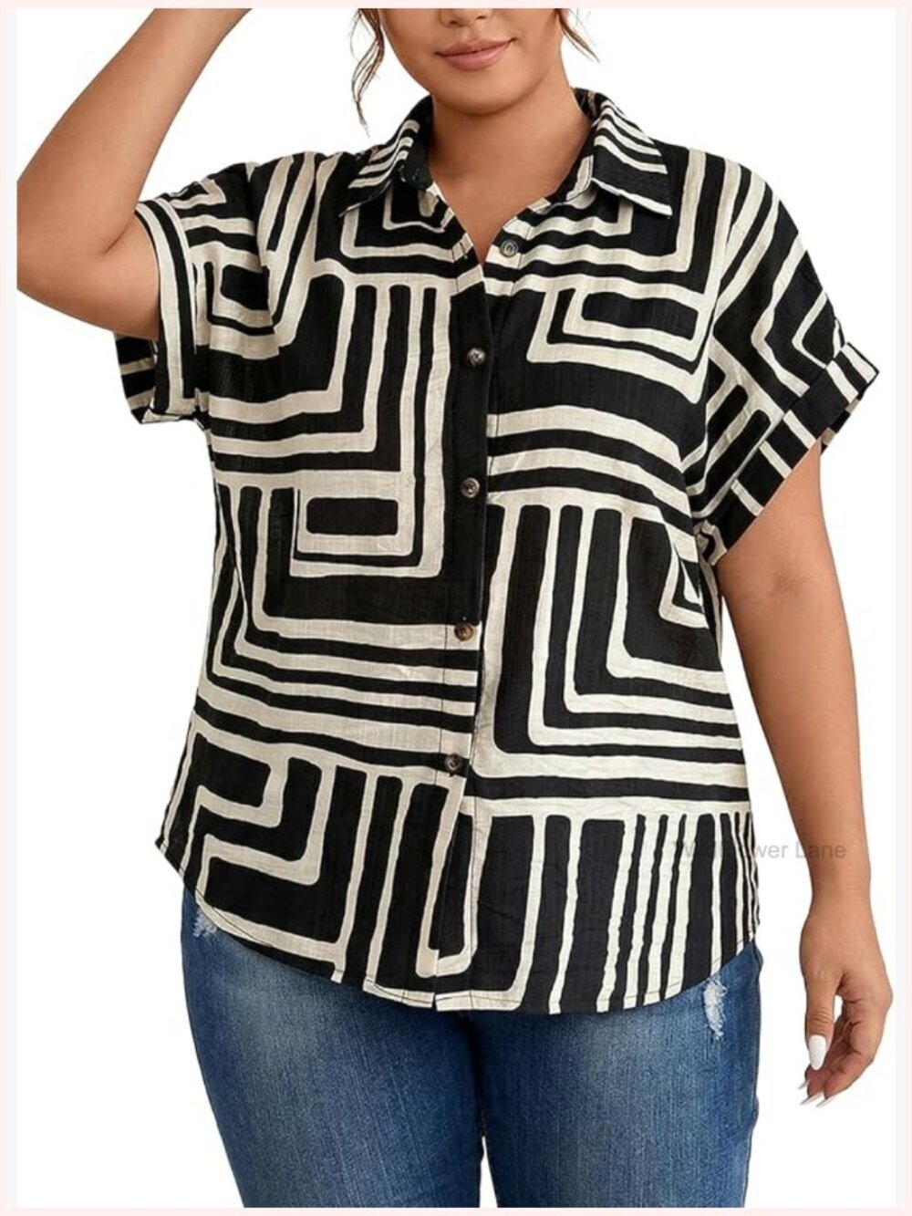 Plus Size Button Down Geo Print Short Sleeve Blouse Business Casual Work Top